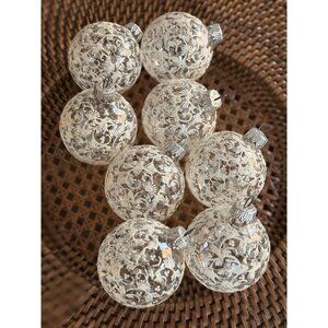 8 Clear Glass Christmas Ornaments 1950s Style Floral Mica Glitter Krebs